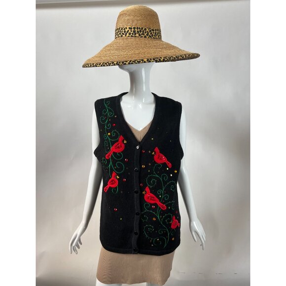Kim Rogers Womens Festive Cardinal Embroidered Sweater Vest Black Size L - Picture 15 of 16
